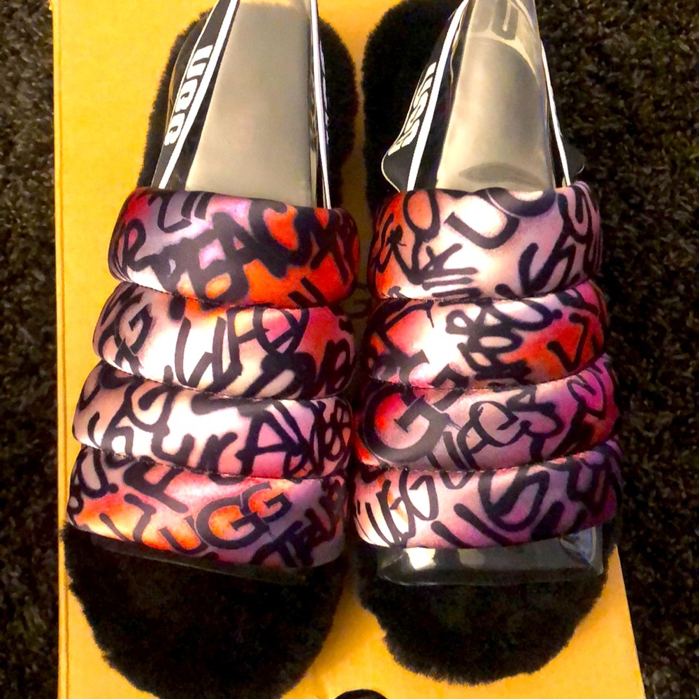 UGG Puff Yeah Graffiti Satin Furry Slippers